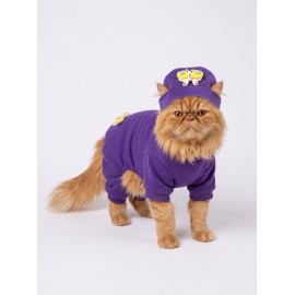 Violet Wings Kedi Bere ve Tulum Kombini | Mor Renk 3D Kelebek Aksesuarlı Penye Kedi Kıyafeti | 2 Parça