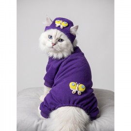 Violet Wings Kedi Bere ve Tulum Kombini | Mor Renk 3D Kelebek Aksesuarlı Penye Kedi Kıyafeti | 2 Parça