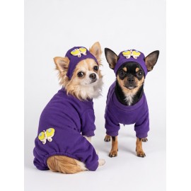 Violet Wings Köpek Bere ve Tulum Kombini | Mor Renk 3D Kelebek Aksesuarlı Penye Köpek Kıyafeti