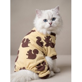 Fındıkkıran Kedi Tulumu | Sincap Desenli Sarı Kalın Penye Kedi Pijaması