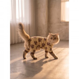 Fındıkkıran Kedi Tulumu | Sincap Desenli Sarı Kalın Penye Kedi Pijaması