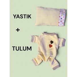 Winter Hearts Kedi Uyku Seti | Penye Kedi Tulum ve Mini Yastık Takımı | Pamuklu | Tüy Dökülmesini Azaltır | 
