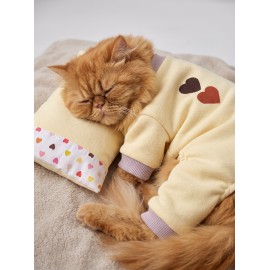 Winter Hearts Kedi Uyku Seti | Penye Kedi Tulum ve Mini Yastık Takımı | Pamuklu | Tüy Dökülmesini Azaltır | 