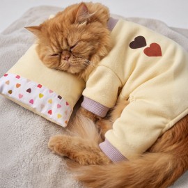 Winter Hearts Kedi Uyku Seti | Penye Kedi Tulum ve Mini Yastık Takımı | Pamuklu | Tüy Dökülmesini Azaltır | 