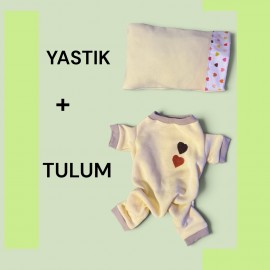 Winter Hearts Kedi Uyku Seti | Penye Kedi Tulum ve Mini Yastık Takımı | Pamuklu | Tüy Dökülmesini Azaltır | 