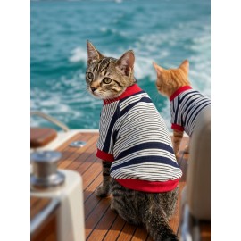 Yacht Club Marin Çizgili Kedi Tişörtü | Lacivert Kırmızı Yazlık Kedi Kıyafeti 