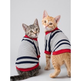 Yacht Club Marin Çizgili Kedi Tişörtü | Lacivert Kırmızı Yazlık Kedi Kıyafeti 