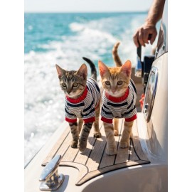 Yacht Club Marin Çizgili Kedi Tişörtü | Lacivert Kırmızı Yazlık Kedi Kıyafeti 