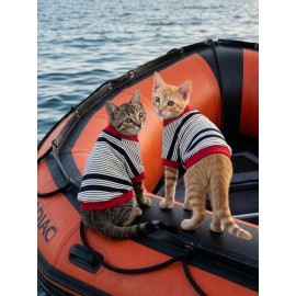 Yacht Club Marin Çizgili Kedi Tişörtü | Lacivert Kırmızı Yazlık Kedi Kıyafeti 