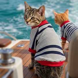 Yacht Club Marin Çizgili Kedi Tişörtü | Lacivert Kırmızı Yazlık Kedi Kıyafeti 