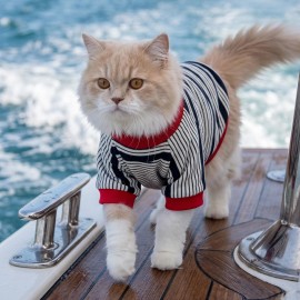 Yacht Club Marin Çizgili Kedi Tişörtü | Lacivert Kırmızı Yazlık Kedi Kıyafeti 