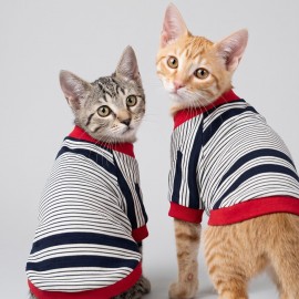 Yacht Club Marin Çizgili Kedi Tişörtü | Lacivert Kırmızı Yazlık Kedi Kıyafeti 