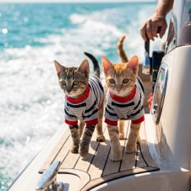 Yacht Club Marin Çizgili Kedi Tişörtü | Lacivert Kırmızı Yazlık Kedi Kıyafeti 
