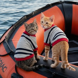 Yacht Club Marin Çizgili Kedi Tişörtü | Lacivert Kırmızı Yazlık Kedi Kıyafeti 