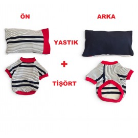 Yacht Club Marin Çizgili Kedi Uyku Takımı | Lacivert Kırmızı Pamuklu Kedi Tulumu ve Mini Yastık
