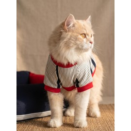 Yacht Club Marin Çizgili Kedi Uyku Takımı | Lacivert Kırmızı Pamuklu Kedi Tulumu ve Mini Yastık