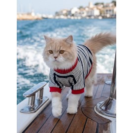 Yacht Club Marin Çizgili Kedi Uyku Takımı | Lacivert Kırmızı Pamuklu Kedi Tulumu ve Mini Yastık