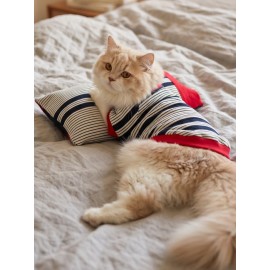 Yacht Club Marin Çizgili Kedi Uyku Takımı | Lacivert Kırmızı Pamuklu Kedi Tulumu ve Mini Yastık