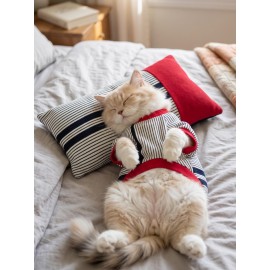 Yacht Club Marin Çizgili Kedi Uyku Takımı | Lacivert Kırmızı Pamuklu Kedi Tulumu ve Mini Yastık
