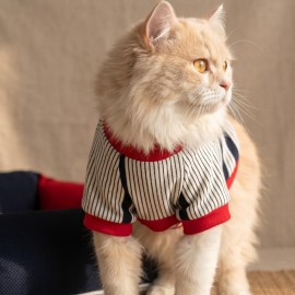 Yacht Club Marin Çizgili Kedi Uyku Takımı | Lacivert Kırmızı Pamuklu Kedi Tulumu ve Mini Yastık