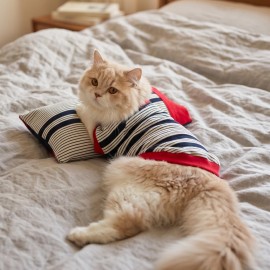 Yacht Club Marin Çizgili Kedi Uyku Takımı | Lacivert Kırmızı Pamuklu Kedi Tulumu ve Mini Yastık