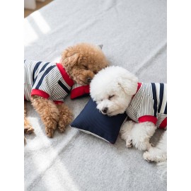Yacht Club Marin Çizgili Köpek Uyku Takımı | Lacivert Kırmızı Pamuklu Köpek Tulumu ve Mini Yastık | Küçük Irklar İçin