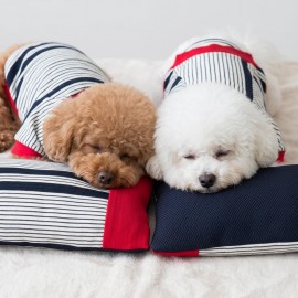 Yacht Club Marin Çizgili Köpek Uyku Takımı | Lacivert Kırmızı Pamuklu Köpek Tulumu ve Mini Yastık | Küçük Irklar İçin