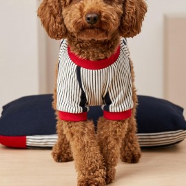 Yacht Club Marin Çizgili Köpek Uyku Takımı | Lacivert Kırmızı Pamuklu Köpek Tulumu ve Mini Yastık | Küçük Irklar İçin