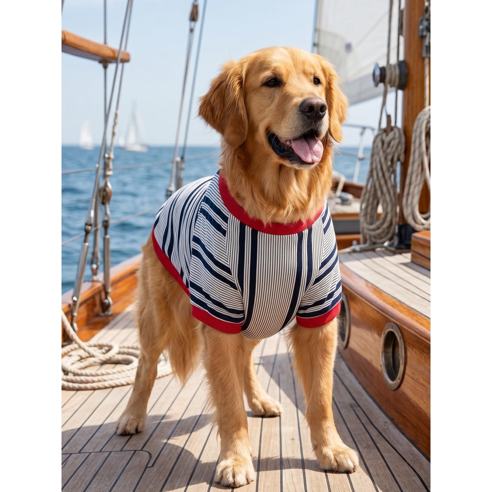Yacht Club Marin Çizgili  Orta ve Büyük Irk Köpek Tişörtü | Lacivert Kırmızı Yazlık Köpek Kıyafeti