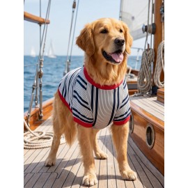 Yacht Club Marin Çizgili  Orta ve Büyük Irk Köpek Tişörtü | Lacivert Kırmızı Yazlık Köpek Kıyafeti