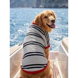 Yacht Club Marin Çizgili  Orta ve Büyük Irk Köpek Tişörtü | Lacivert Kırmızı Yazlık Köpek Kıyafeti