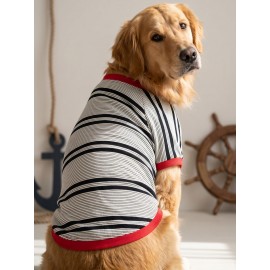 Yacht Club Marin Çizgili  Orta ve Büyük Irk Köpek Tişörtü | Lacivert Kırmızı Yazlık Köpek Kıyafeti
