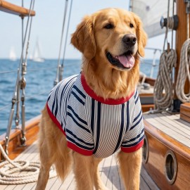 Yacht Club Marin Çizgili  Orta ve Büyük Irk Köpek Tişörtü | Lacivert Kırmızı Yazlık Köpek Kıyafeti