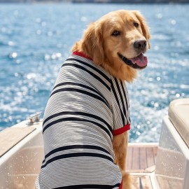 Yacht Club Marin Çizgili  Orta ve Büyük Irk Köpek Tişörtü | Lacivert Kırmızı Yazlık Köpek Kıyafeti