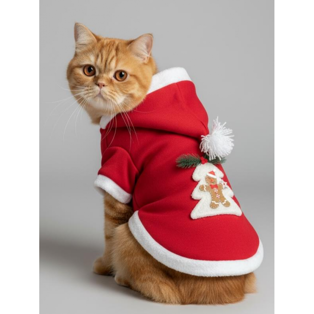 Yılbaşı Ağacı Kırmızı Polar Kedi Kıyafeti | Kapüşonlu Noel Kedi Sweatshirt | Küçük Irklar İçin