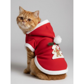 Yılbaşı Ağacı Kırmızı Polar Kedi Kıyafeti | Kapüşonlu Noel Kedi Sweatshirt | Küçük Irklar İçin