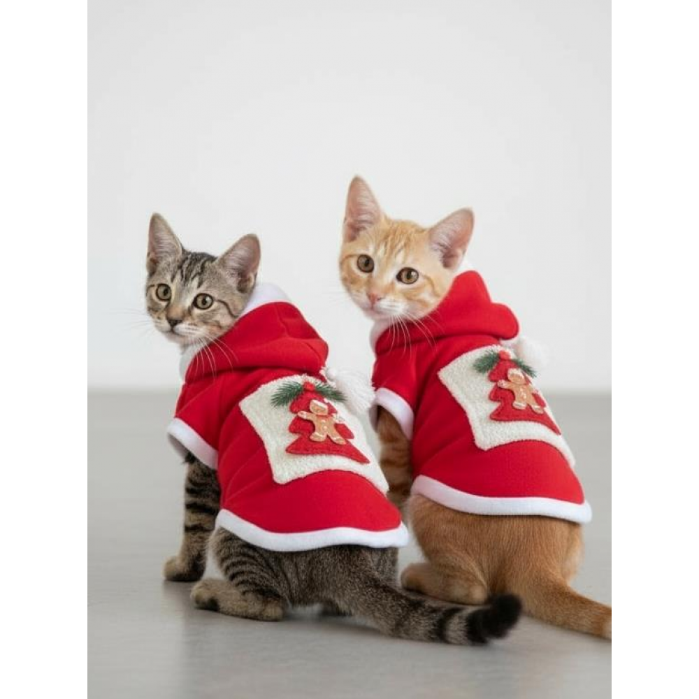 Yılbaşı Ağacı Premium Kırmızı Polar Kedi Kıyafeti | Kapüşonlu Noel Kedi Sweatshirt