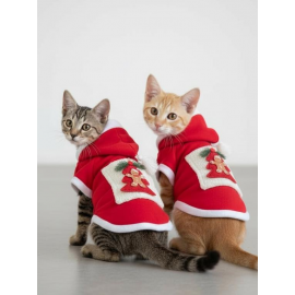 Yılbaşı Ağacı Premium Kırmızı Polar Kedi Kıyafeti | Kapüşonlu Noel Kedi Sweatshirt