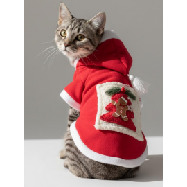 Yılbaşı Ağacı Premium Kırmızı Polar Kedi Kıyafeti | Kapüşonlu Noel Kedi Sweatshirt