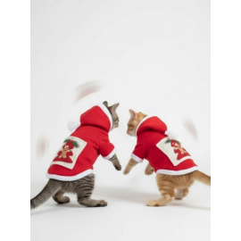 Yılbaşı Ağacı Premium Kırmızı Polar Kedi Kıyafeti | Kapüşonlu Noel Kedi Sweatshirt