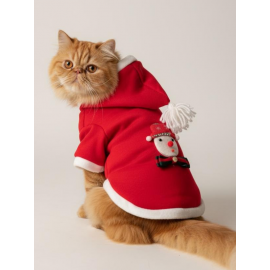 Kardan Adam Kırmızı Polar Kedi Kıyafeti | Kapüşonlu Noel Kedi Sweatshirt | Küçük Irklar İçin