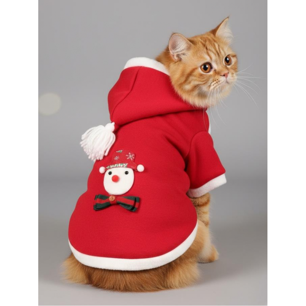 Kardan Adam Kırmızı Polar Kedi Kıyafeti | Kapüşonlu Noel Kedi Sweatshirt | Küçük Irklar İçin