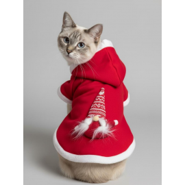 Yılbaşı Cücesi Gnome Kırmızı Polar Premium Kedi Kıyafeti | Kapüşonlu Noel Sweatshirt
