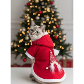 Yılbaşı Cücesi Gnome Kırmızı Polar Premium Kedi Kıyafeti | Kapüşonlu Noel Sweatshirt