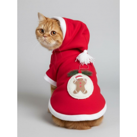 Yılbaşı Kedi Kıyafeti Snow Ball Kırmızı Polar | Kapüşonlu Noel Kedi Kostümü | Kurabiye Temalı