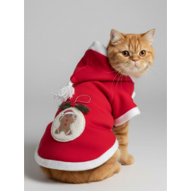 Yılbaşı Kedi Kıyafeti Snow Ball Kırmızı Polar | Kapüşonlu Noel Kedi Kostümü | Kurabiye Temalı