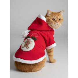 Yılbaşı Kedi Kıyafeti Snow Ball Kırmızı Polar | Kapüşonlu Noel Kedi Kostümü | Kurabiye Temalı