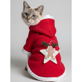 Yılbaşı Kedi Kıyafeti Yıldız Desenli Kırmızı Polar | Kapüşonlu Noel Kedi Kostümü | Kurabiye Temalı