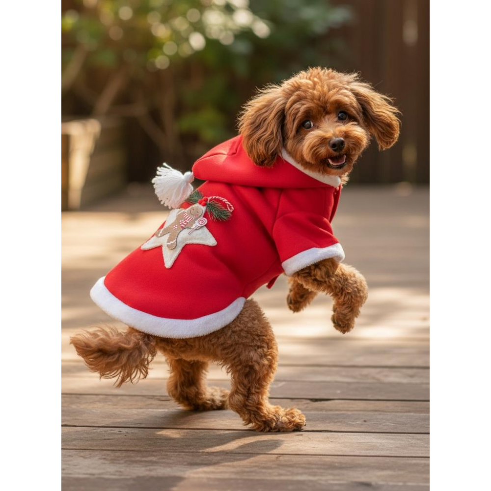 Yılbaşı Köpek Kıyafeti Yıldız Desenli Kırmızı Polar | Kapüşonlu Noel Köpek Kostümü | Küçük Irklar İçin