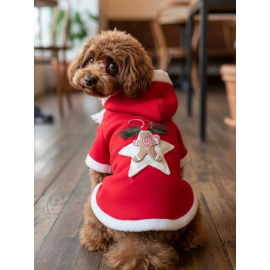 Yılbaşı Köpek Kıyafeti Yıldız Desenli Kırmızı Polar | Kapüşonlu Noel Köpek Kostümü | Küçük Irklar İçin